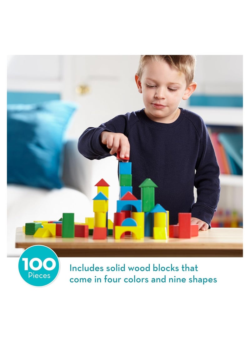 null - Wooden Building Blocks Set - 100 In 4 Colors And 9 Shapes - Image 1