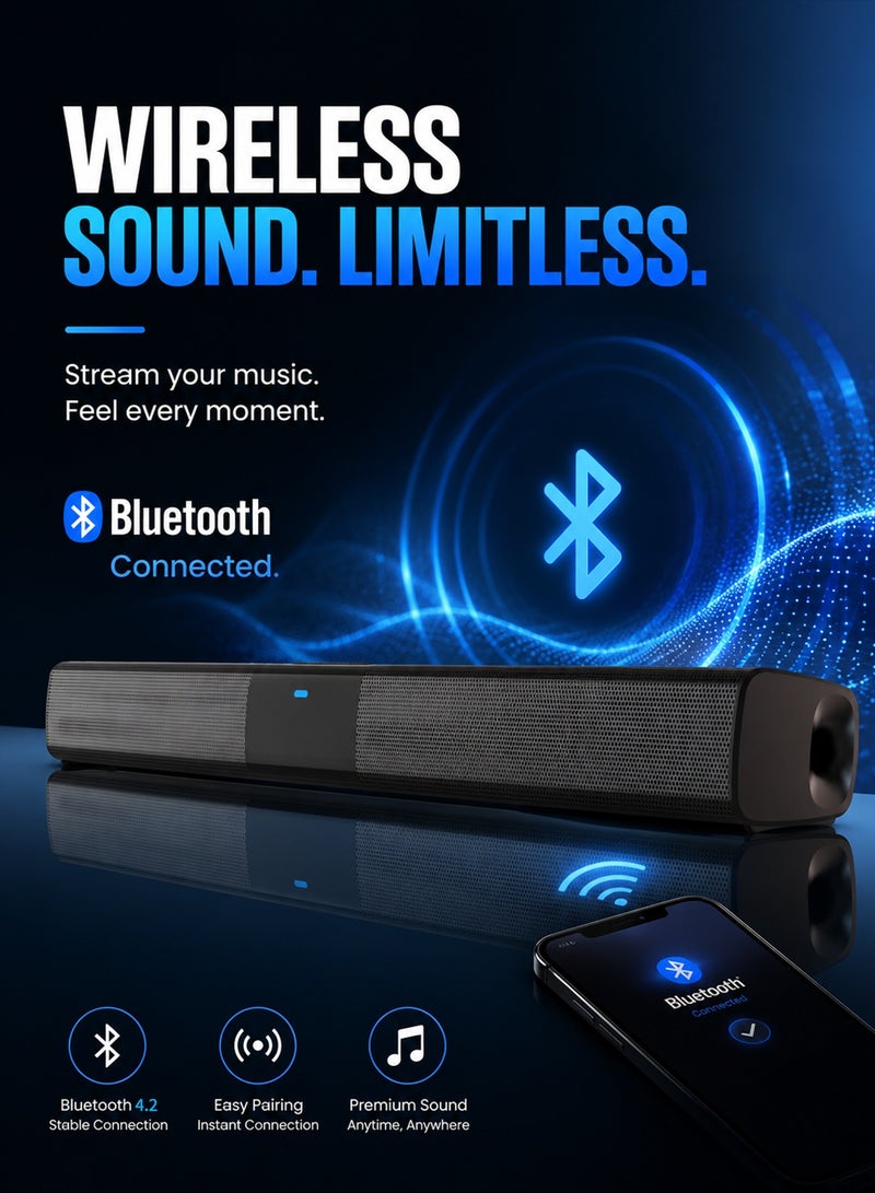 بيكسنست مكبر صوت شريطي  بتقنية Bluetooth وصوت ستيريو 20 واط، يدعم RCA وAUX وبطاقة TF، مقاوم للماء IPX4 مع جهاز تحكم عن بعد - Image 5