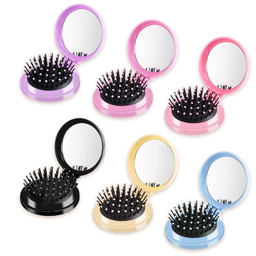 MoHern 6 Pcs Mini Hair Brush Compact Travel Hair Brush Portable Travel Brushes for Hair with Makeup Mirror Round Hair Massage Comb for Women Girls 6 Colors - Image 1