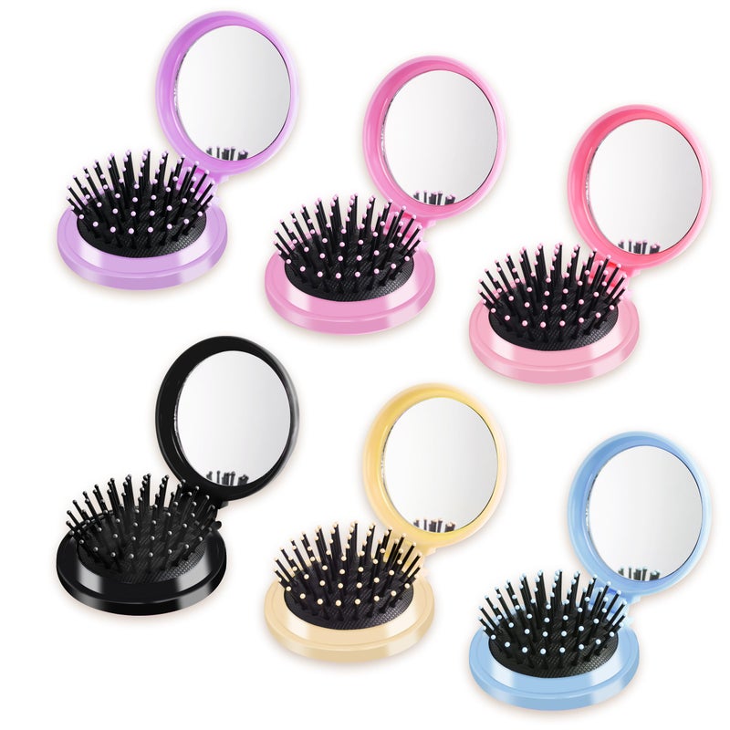 MoHern 6 Pcs Mini Hair Brush Compact Travel Hair Brush Portable Travel Brushes for Hair with Makeup Mirror Round Hair Massage Comb for Women Girls 6 Colors - Image 3