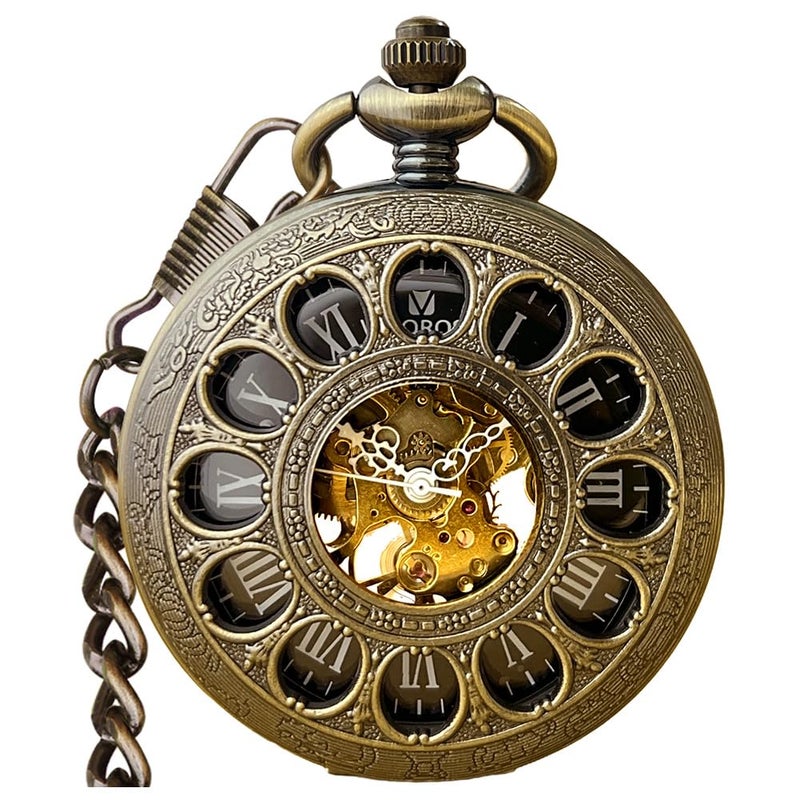 VIGOROSO Vintage Hand Wind Up Pocket Watches for Men Mechanical Bronze Pocket Watch with Chain Mens Skeleton Pocketwatch - Image 2