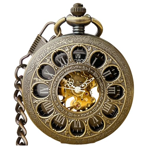 VIGOROSO Vintage Hand Wind Up Pocket Watches for Men Mechanical Bronze Pocket Watch with Chain Mens Skeleton Pocketwatch - Image 1