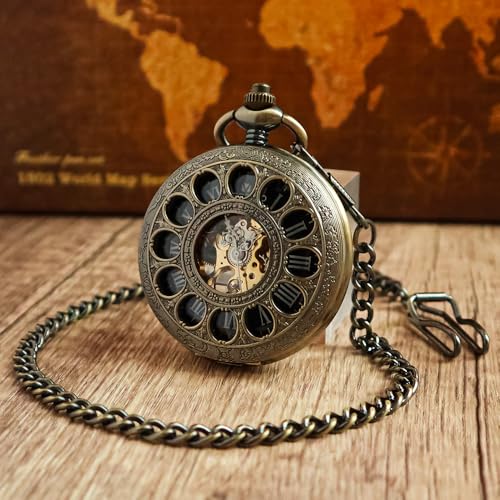 VIGOROSO Vintage Hand Wind Up Pocket Watches for Men Mechanical Bronze Pocket Watch with Chain Mens Skeleton Pocketwatch - Image 3