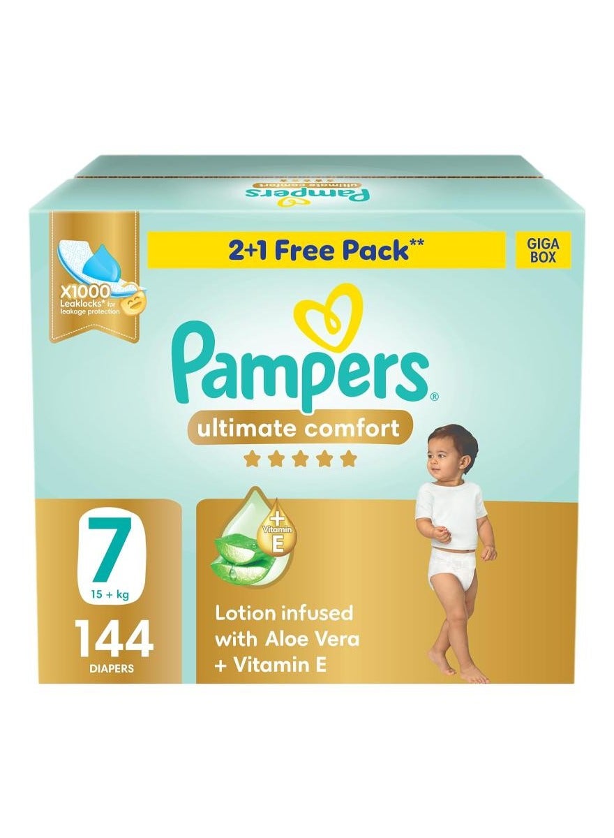 Pampers Ultimate Comfort Taped Diapers, Size 7, 15+kg, Lotion infused with Aloe Vera and Vitamin E, x1000 Leak Locks Technology for Leakage Protection, Giga Box, 144 Count