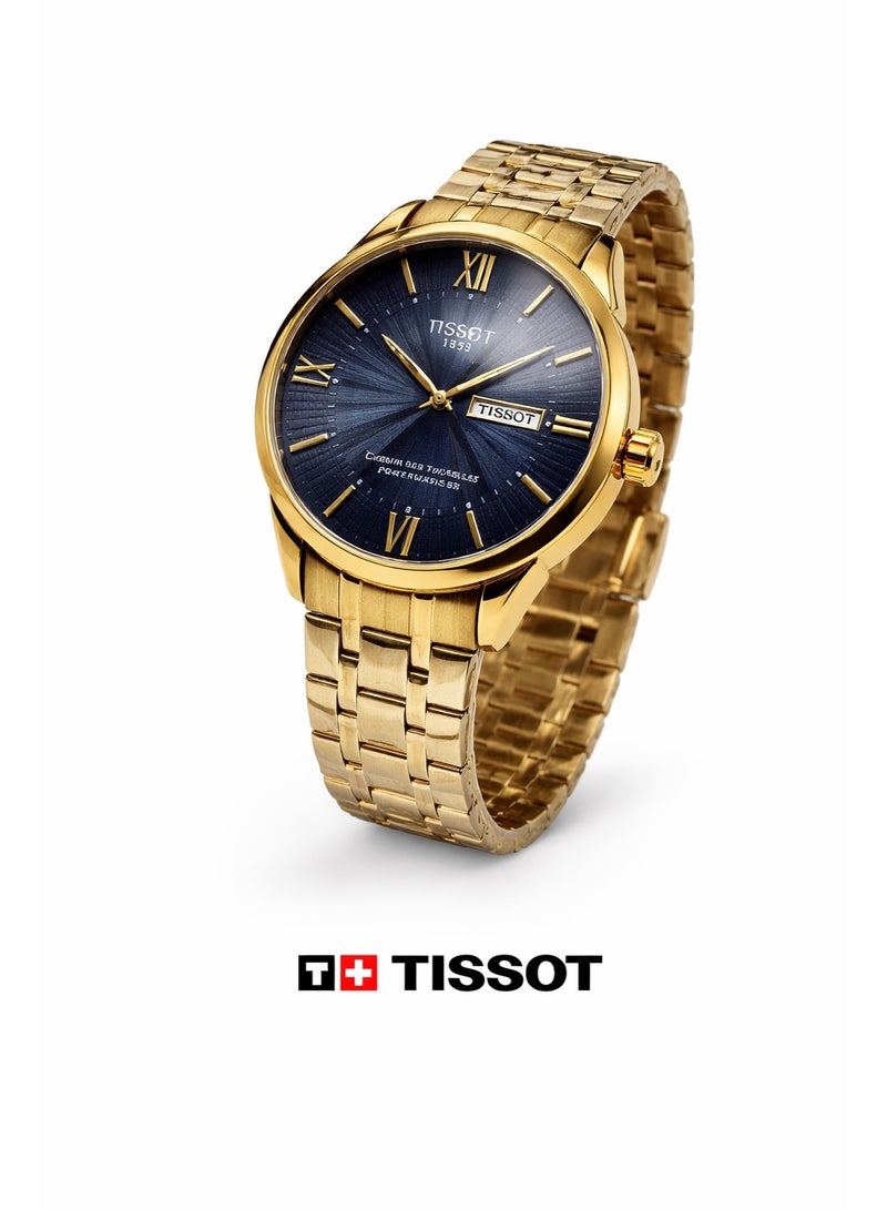 تيسو ساعة رجالي أوتوماتيك من تيسو من الستانلس ستيل المطلي باللون الذهبي – ميناء أزرق