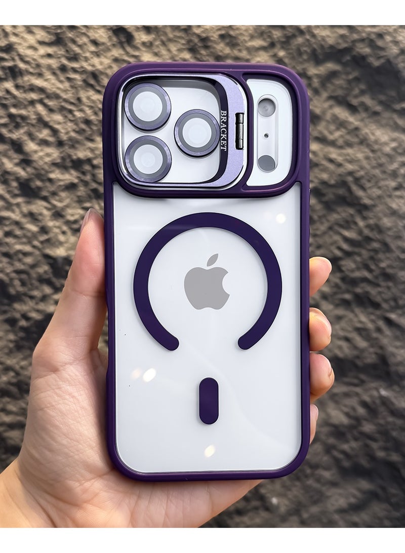 غطاء هاتف بحامل معدني لهاتف iPhone 17 Pro Max – شحن لاسلكي مغناطيسي – مصنوع من الأكريليك والسيليكون – مزود بعدسة لحماية الكاميرا – لون بنفسجي - Image 1