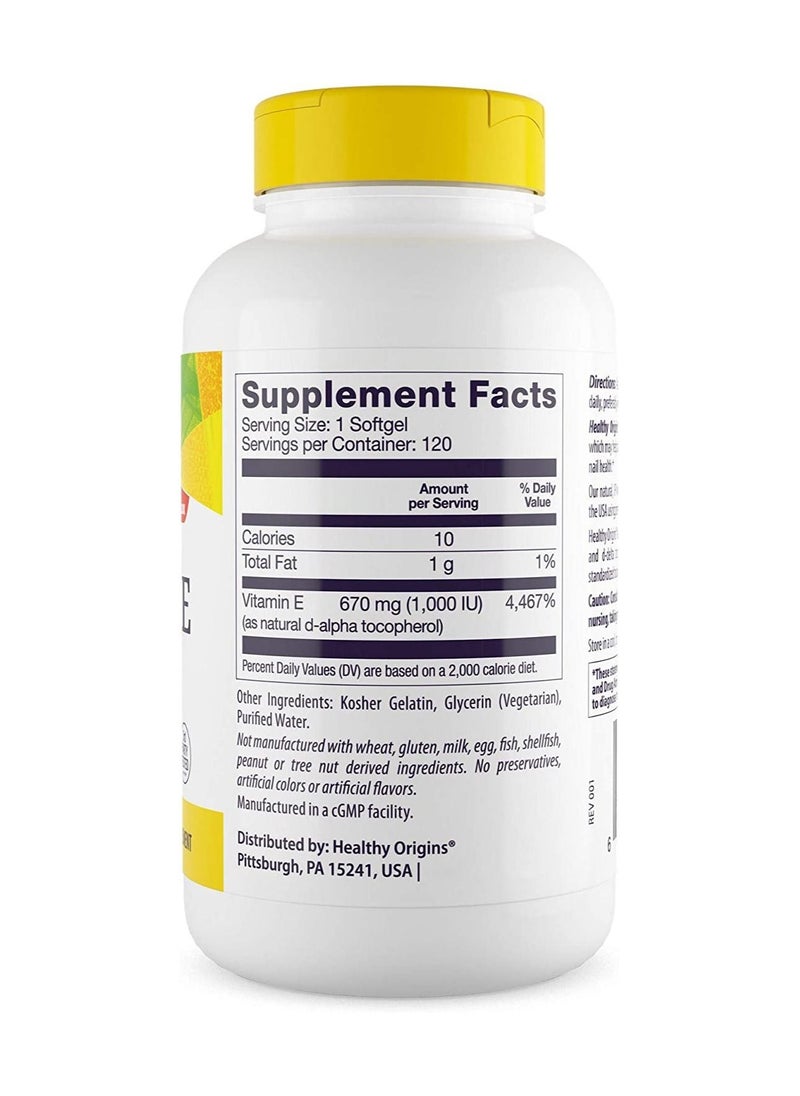 Healthy Origins - Vitamin E 1,000 IU Supports Healthy Hair, Skin and Nails 670 mg Dietary Supplement - 120 Softgels - Image 1