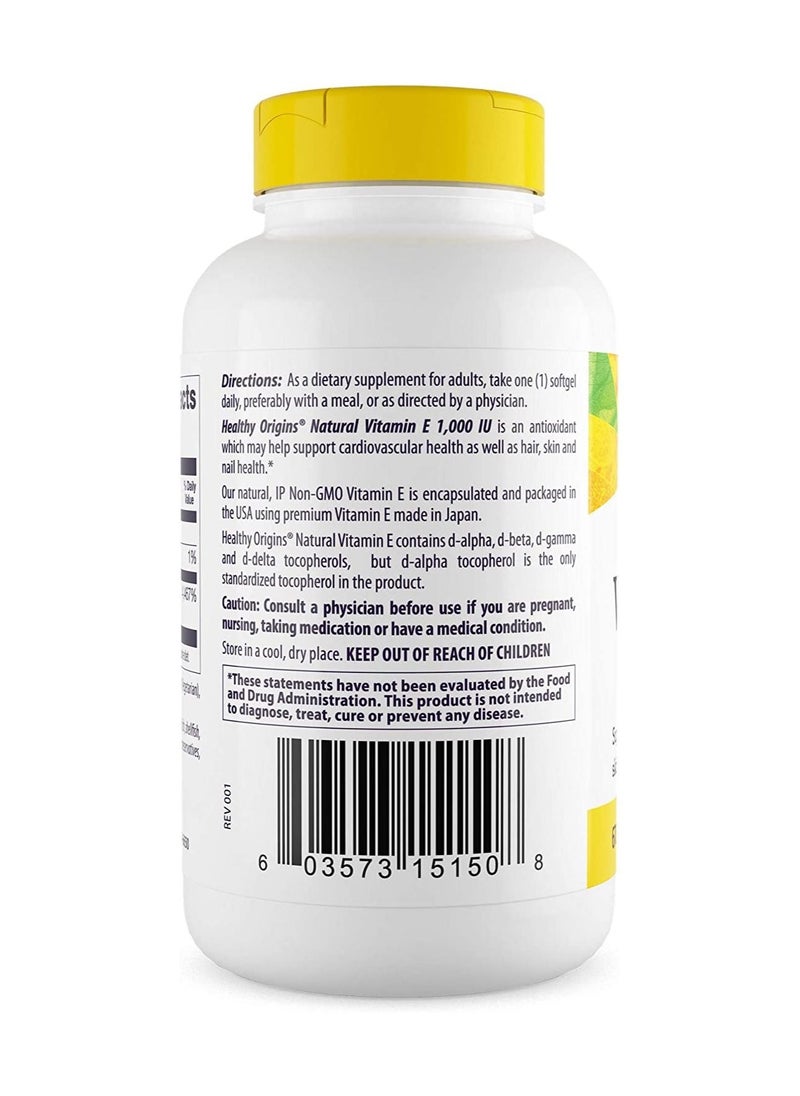 Healthy Origins - Vitamin E 1,000 IU Supports Healthy Hair, Skin and Nails 670 mg Dietary Supplement - 120 Softgels - Image 1