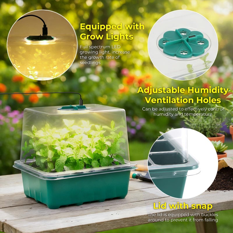 Ourhom Seed Starter Tray with Grow Light, 6pcs Seed Starter Kits with Light and Adjustable Humidity Domes, Covers Height 3.9", Indoor Seedling Starter Plant Germination Trays (Green-Warm White) - Image 2