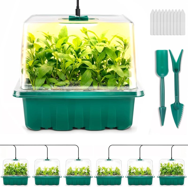 Ourhom Seed Starter Tray with Grow Light, 6pcs Seed Starter Kits with Light and Adjustable Humidity Domes, Covers Height 3.9", Indoor Seedling Starter Plant Germination Trays (Green-Warm White) - Image 1