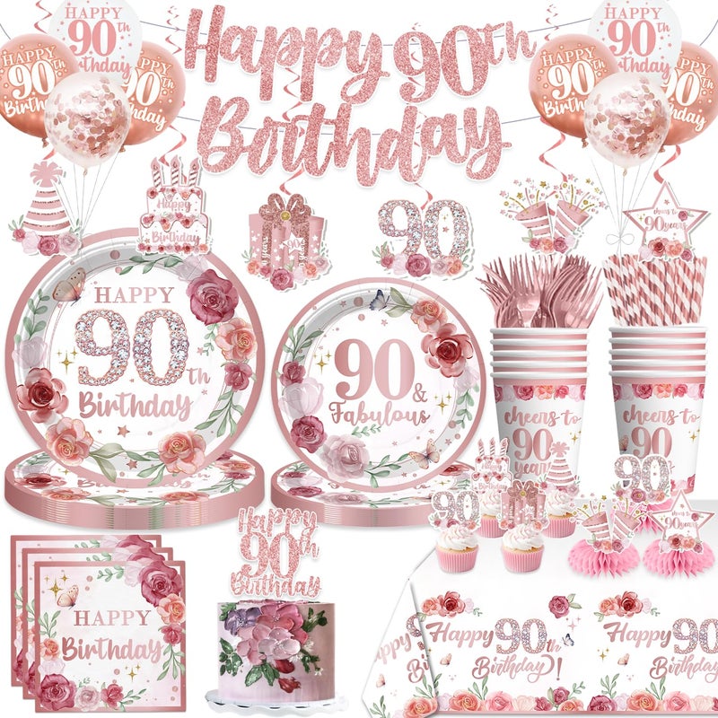 Yingoto 192pcs 90th Birthday Decorations for Women Serves 25 AllinOne Ninety Birthday Decorations Rose Gold 90th Birthday Plates and Napkins with Banner Tablecloth Balloons Cupcake Toppers - Image 2