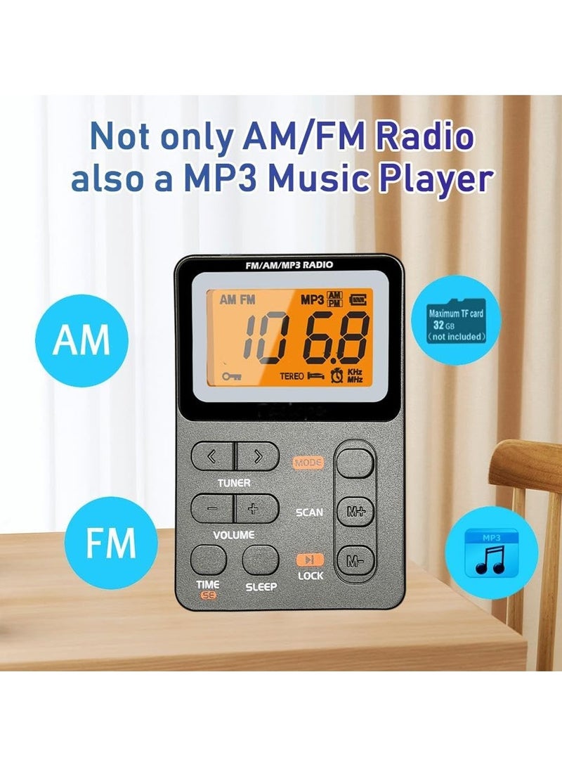 Portable Radio AM FM, Rechargeable Pocket Speaker with Best Reception Digital Tuning, MP3, Stereo Earphone, Large LCD Screen, TF Card Socket, Transistor Radio for Jogging/Gym/Camping (Grey)  - Image 4