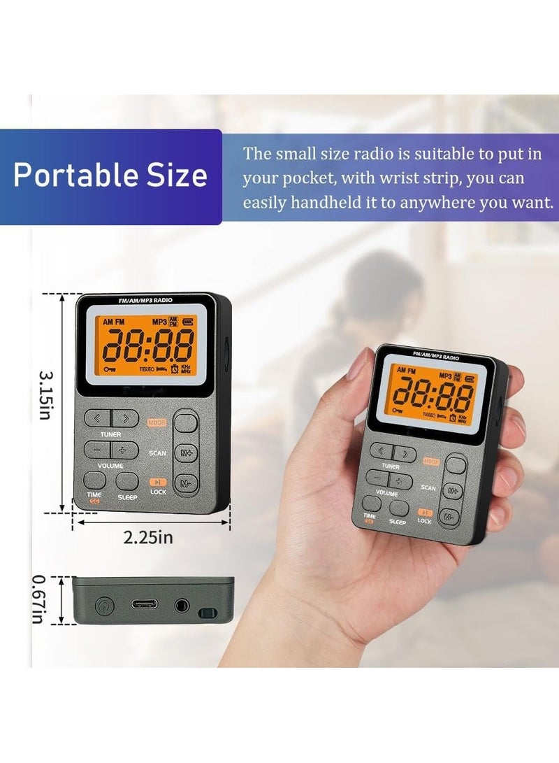 Portable Radio AM FM, Rechargeable Pocket Speaker with Best Reception Digital Tuning, MP3, Stereo Earphone, Large LCD Screen, TF Card Socket, Transistor Radio for Jogging/Gym/Camping (Grey)  - Image 3