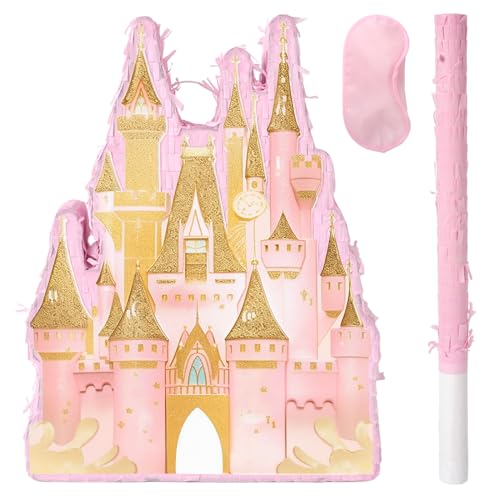JOARHONAL Princess Castle Pinata  Pink Castle Pinata with Blindfold and Bat for Girls Kids Princess Theme Birthday Party Game Decorations 167x118x3 - Image 1