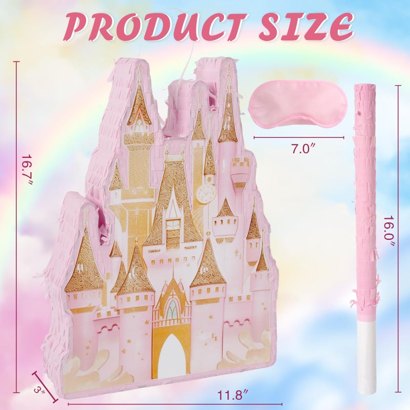 JOARHONAL Princess Castle Pinata  Pink Castle Pinata with Blindfold and Bat for Girls Kids Princess Theme Birthday Party Game Decorations 167x118x3 - Image 3