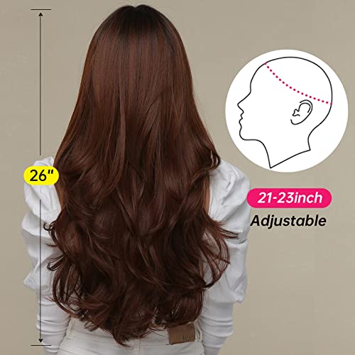 Allbell Ombre Brown Wine Red Wig for Women Long Wavy Wig Synthetic Hair with Bangs Curly Wigs - Image 3