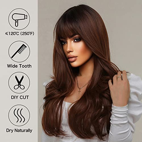 Allbell Ombre Brown Wine Red Wig for Women Long Wavy Wig Synthetic Hair with Bangs Curly Wigs - Image 4