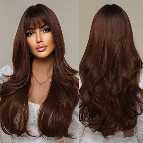 Allbell Ombre Brown Wine Red Wig for Women Long Wavy Wig Synthetic Hair with Bangs Curly Wigs - Image 1
