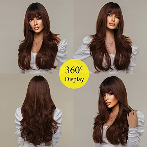 Allbell Ombre Brown Wine Red Wig for Women Long Wavy Wig Synthetic Hair with Bangs Curly Wigs - Image 5