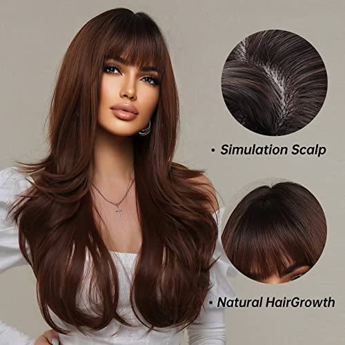 Allbell Ombre Brown Wine Red Wig for Women Long Wavy Wig Synthetic Hair with Bangs Curly Wigs - Image 2
