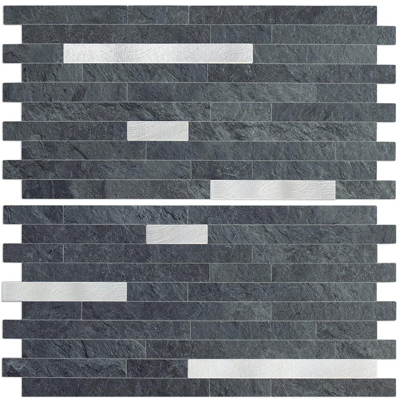 AULIGET 20 Sheets Black Slate Peel and Stick Backsplash, PVC Mixed Metal Silver Wall Tile Stick on Backsplash for Kitchen and Bathroom - Image 1