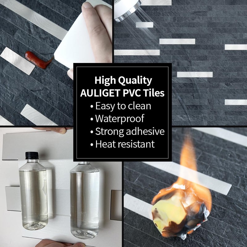 AULIGET 20 Sheets Black Slate Peel and Stick Backsplash, PVC Mixed Metal Silver Wall Tile Stick on Backsplash for Kitchen and Bathroom - Image 5