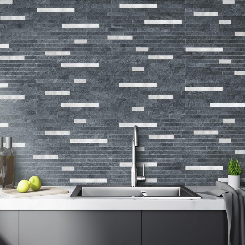 AULIGET 20 Sheets Black Slate Peel and Stick Backsplash, PVC Mixed Metal Silver Wall Tile Stick on Backsplash for Kitchen and Bathroom - Image 4