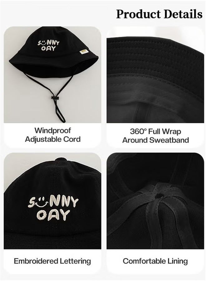 Unewshi Children's Black Bucket Hat, Embroidered Sun Protection Hat with Windproof Belt, Wide Brim Sun Protection Bucket Hat, Suitable for Outdoor Sports Summer Beach Party - Image 3