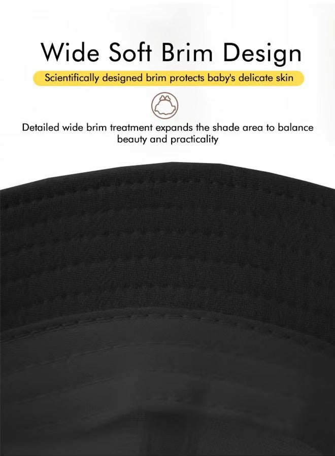 Unewshi Children's Black Bucket Hat, Embroidered Sun Protection Hat with Windproof Belt, Wide Brim Sun Protection Bucket Hat, Suitable for Outdoor Sports Summer Beach Party - Image 4