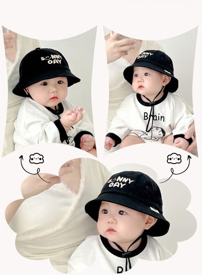 Unewshi Children's Black Bucket Hat, Embroidered Sun Protection Hat with Windproof Belt, Wide Brim Sun Protection Bucket Hat, Suitable for Outdoor Sports Summer Beach Party - Image 2