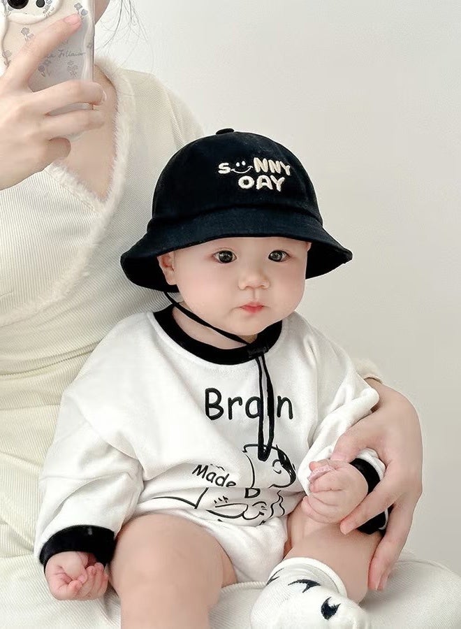 Unewshi Children's Black Bucket Hat, Embroidered Sun Protection Hat with Windproof Belt, Wide Brim Sun Protection Bucket Hat, Suitable for Outdoor Sports Summer Beach Party - Image 1