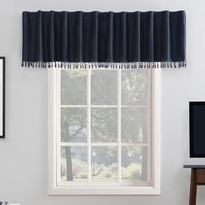 Sun Zero Greyson Faux Dupioni Silk Beaded Tassels Thermal Extreme Total Blackout Back Tab Curtain Valance 50 x 17 Navy Blue