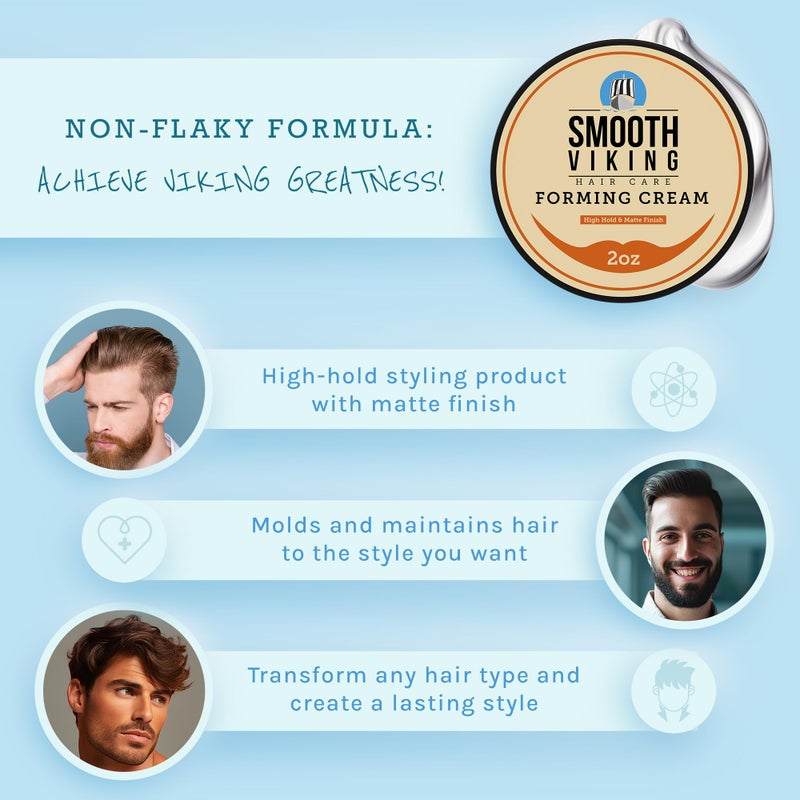 Smooth Viking Beard Care Smooth Viking Forming Cream - High Hold Styling Cream for Matte Finish, Men's Hair Products, Hair Paste for Short, Curly and Long Hair, Made in USA, 2oz - Image 3