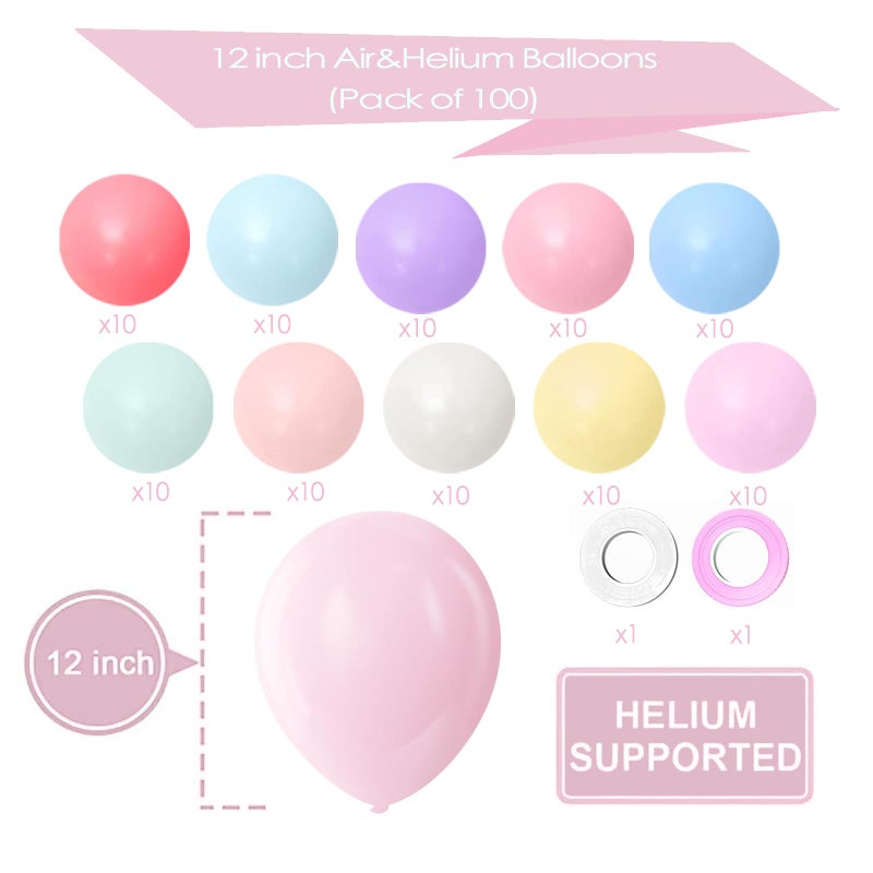 Pricl 100pcs Rainbow Balloons, 12 Inches Pastel Balloons Assorted Color Colorful Multicolor Macaron Latex Party Balloons for Kids Birthday, Summer Party, Haweii Party - Image 2