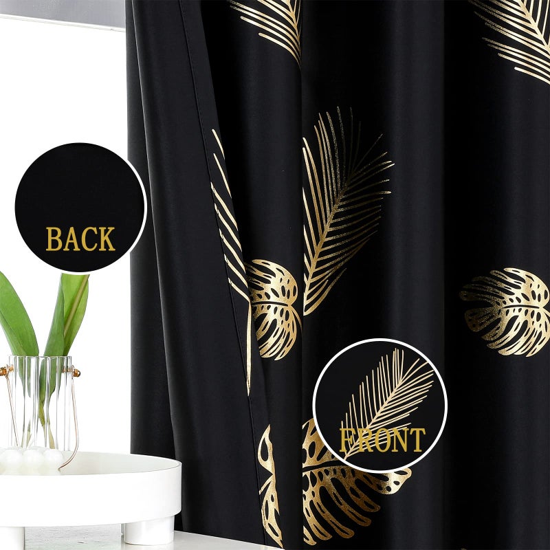 Estelar Textiler Black Blackout Curtains for Bedroom 84 Inches Long  Room Darkening Grommet Thermal Insulated Curtains for Living Room  Light Blocking Drapes with Gold Print Design 52Wx84L 2 Panels - Image 3