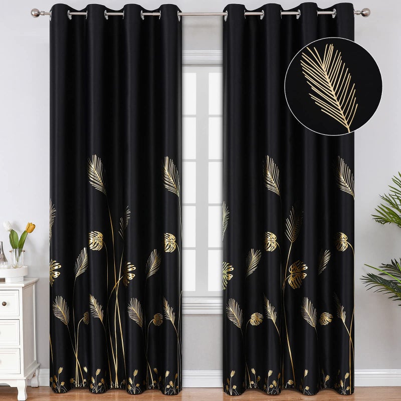 Estelar Textiler Black Blackout Curtains for Bedroom 84 Inches Long  Room Darkening Grommet Thermal Insulated Curtains for Living Room  Light Blocking Drapes with Gold Print Design 52Wx84L 2 Panels - Image 1