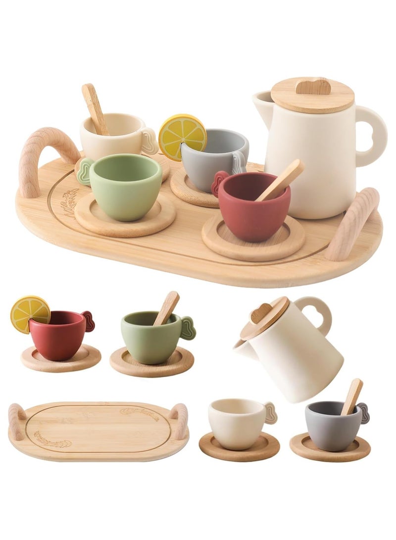 Tea Party Set for Kids, Wooden Tea Set for Little Girls and Boys, Kids Play Kitchen Accessories Toy Dishwasher Safe Tea Set for Toddler, Pretend Play Toddler Tea Set Ideal  Birthday Gift - Image 1