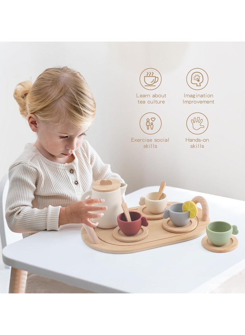 Tea Party Set for Kids, Wooden Tea Set for Little Girls and Boys, Kids Play Kitchen Accessories Toy Dishwasher Safe Tea Set for Toddler, Pretend Play Toddler Tea Set Ideal  Birthday Gift - Image 5