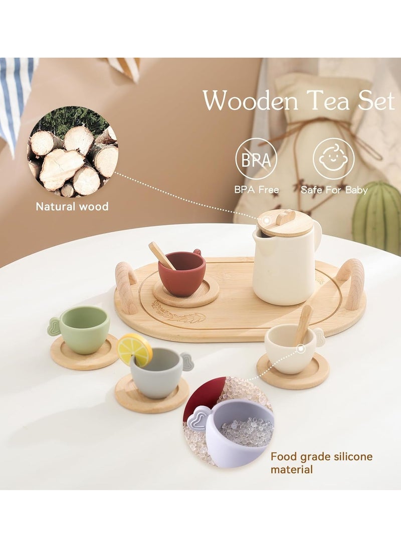 Tea Party Set for Kids, Wooden Tea Set for Little Girls and Boys, Kids Play Kitchen Accessories Toy Dishwasher Safe Tea Set for Toddler, Pretend Play Toddler Tea Set Ideal  Birthday Gift - Image 2