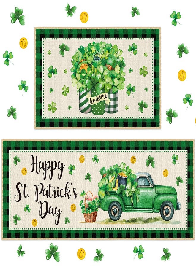 Suttmin 2 Pieces Happy St. Patrick's Day Kitchen Rugs Irish Shamrock Rugs Green Clover Truck Mats Floor Rug for St Patricks Day Home Party Decor, 17 x 29 Inches, 17 x 47 Inches - Image 1