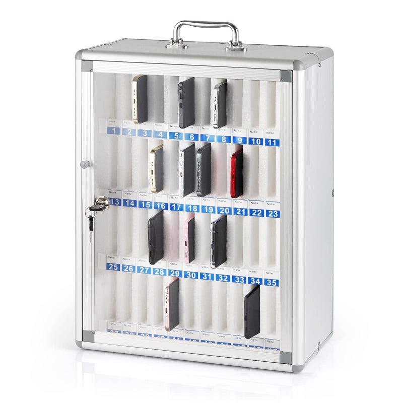 Ozzptuu 48 Slots Aluminum Alloy Pocket Chart Storage Cabinet for Cell PhonesWallMounted with a LockedCan be Carried by Hand 48 Slots
