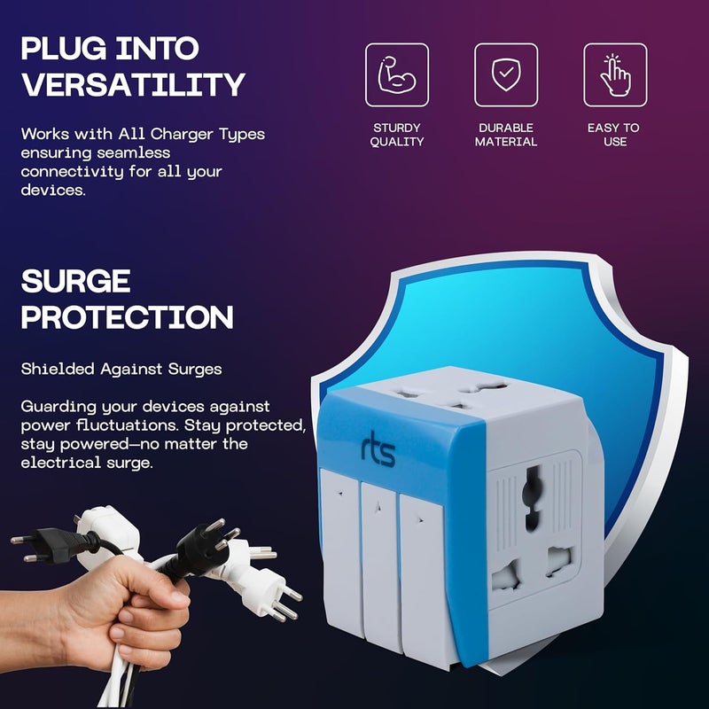 rts 3-in-1 Universal Travel Adapter Multi-Plug with Individual Switch Socket with Spike Buster Fuse Protected | multiplug Three pin Plug Socket |3 PIN 3 Way Plug for Home, Office Laptop Desktop Blue - Image 5