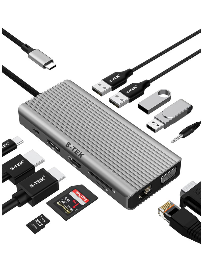 S-TEK - S-TEK 12 in 1 USB C Docking Station with HDMI, DisplayPort, VGA, Multiport Adaptor with 2 x USB 3.0, 2 x USB 2.0, PD 100W Charging, Ethernet 1000 Mbps, SD Card, TF Card, Aux - Image 1