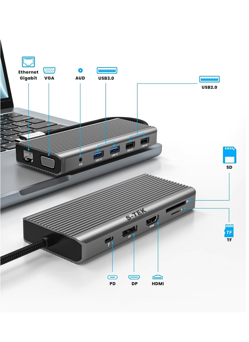 S-TEK - S-TEK 12 in 1 USB C Docking Station with HDMI, DisplayPort, VGA, Multiport Adaptor with 2 x USB 3.0, 2 x USB 2.0, PD 100W Charging, Ethernet 1000 Mbps, SD Card, TF Card, Aux - Image 1