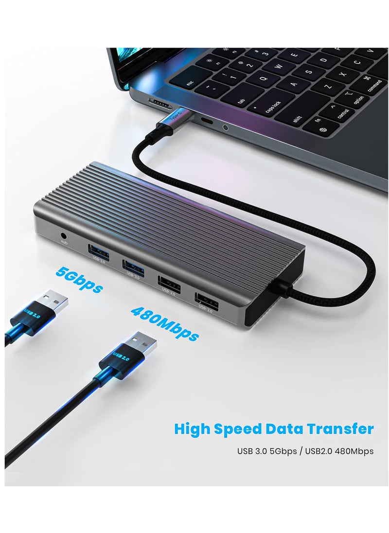S-TEK - S-TEK 12 in 1 USB C Docking Station with HDMI, DisplayPort, VGA, Multiport Adaptor with 2 x USB 3.0, 2 x USB 2.0, PD 100W Charging, Ethernet 1000 Mbps, SD Card, TF Card, Aux - Image 1