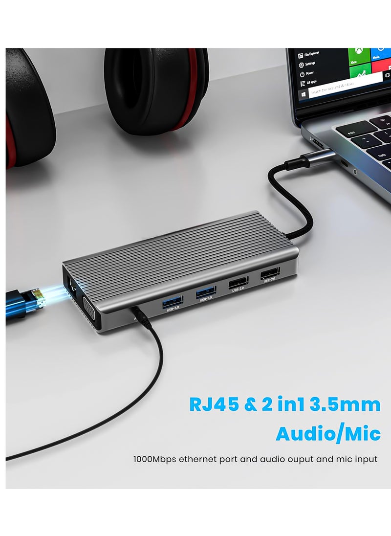 S-TEK - S-TEK 12 in 1 USB C Docking Station with HDMI, DisplayPort, VGA, Multiport Adaptor with 2 x USB 3.0, 2 x USB 2.0, PD 100W Charging, Ethernet 1000 Mbps, SD Card, TF Card, Aux - Image 1