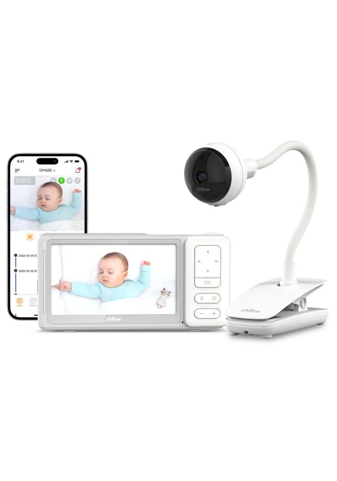 CHILLAX - DM685 Baby Monitor Giraffe Clip - 5'' HD LCD Screen - Full HD 1080p Camera - Flexible Pole - Night Vision - Walkie-Talkie - WiFi On/Off - Lullabies - Sound & Movement Alert - With App