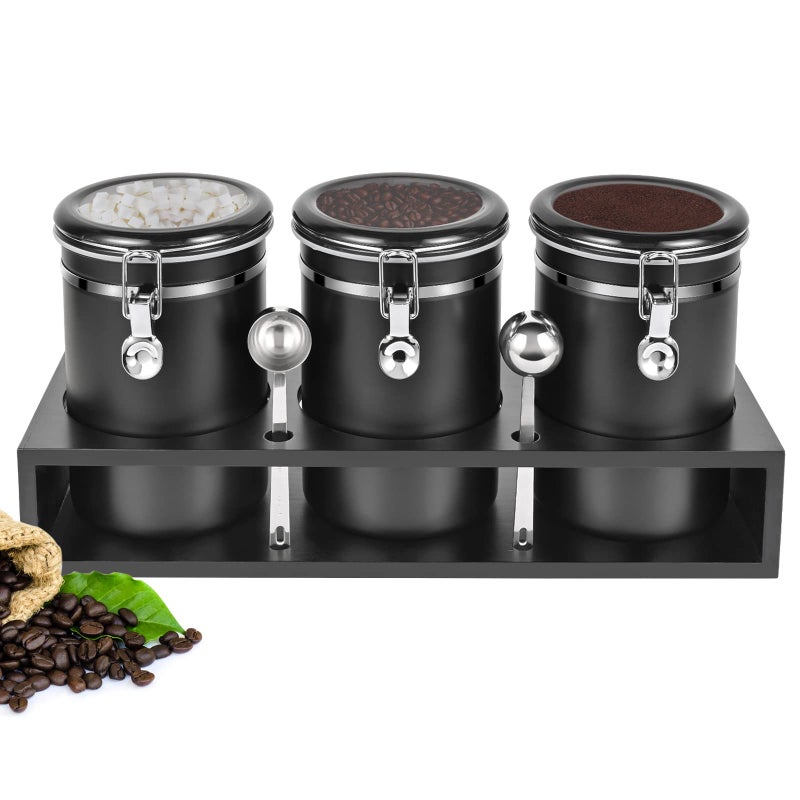 Yangbaga 3x63OZ Sugar Coffee Canisters with Shelf 304 Stainless Steel Coffee Station Container for Ground Coffee Bean Storage with Airtight Locking ClampScoop Cereal Containers Storage for Kitchen