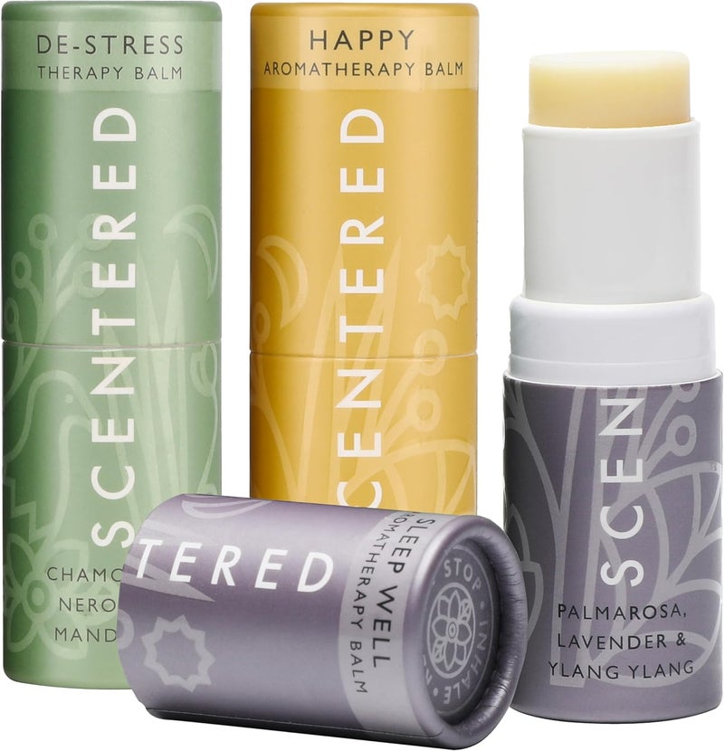 Scentered Aromatherapy Balm Gift Set - Positive & Relaxed - Pack of 3 Balms: Happy, De-Stress, Sleep Well - Lavender, Cedarwood, Rosemary Essential Oil - Mindfulness Gifts for Women