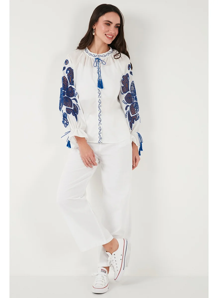 Lela Embroidered Oversize Fit Tied Judge Collar Shirt Women's Shirt 676206
